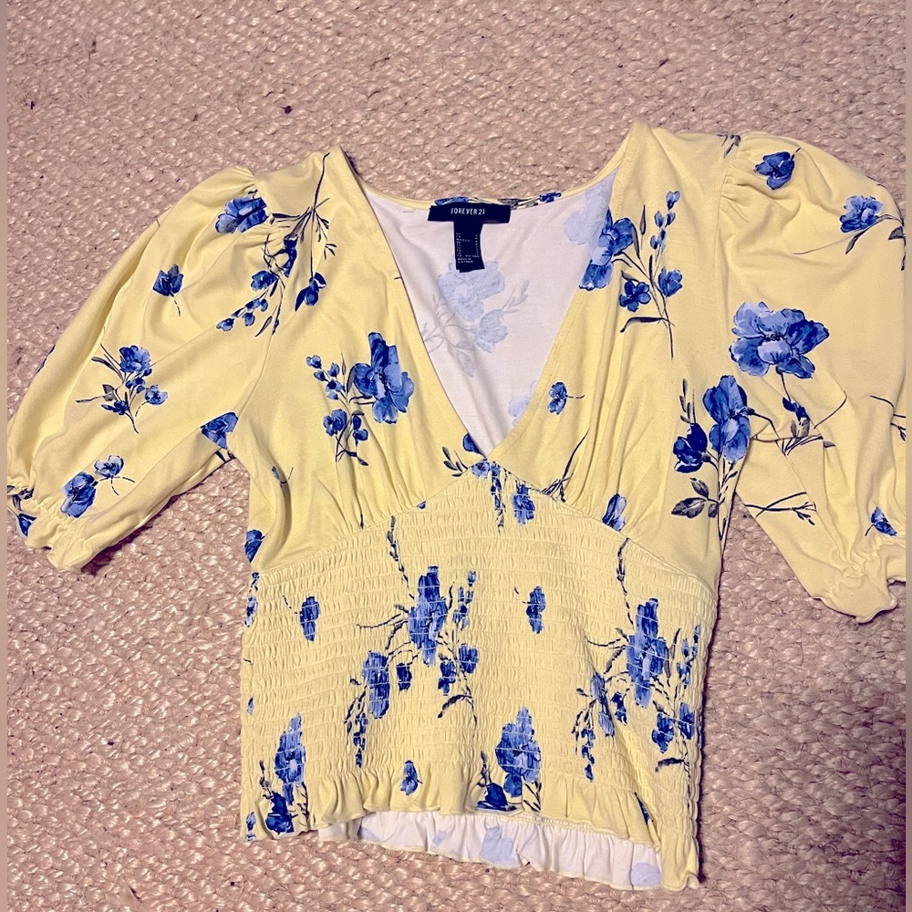 Blue and yellow puff sleeve crop top